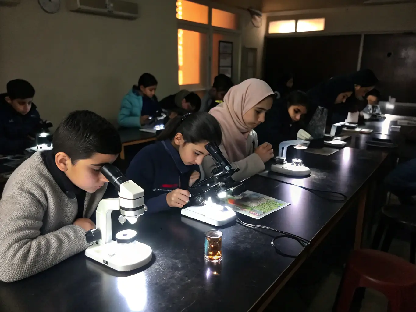 A group of students attentively participating in a gemstone grading workshop, with an instructor demonstrating techniques using professional equipment in a modern classroom setting.