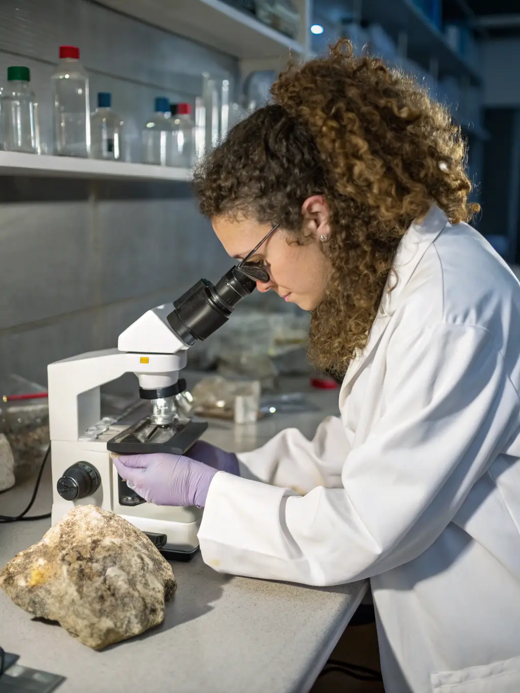 A GGA-certified instructor guiding students through a practical session on identifying synthetic gemstones using advanced testing equipment.