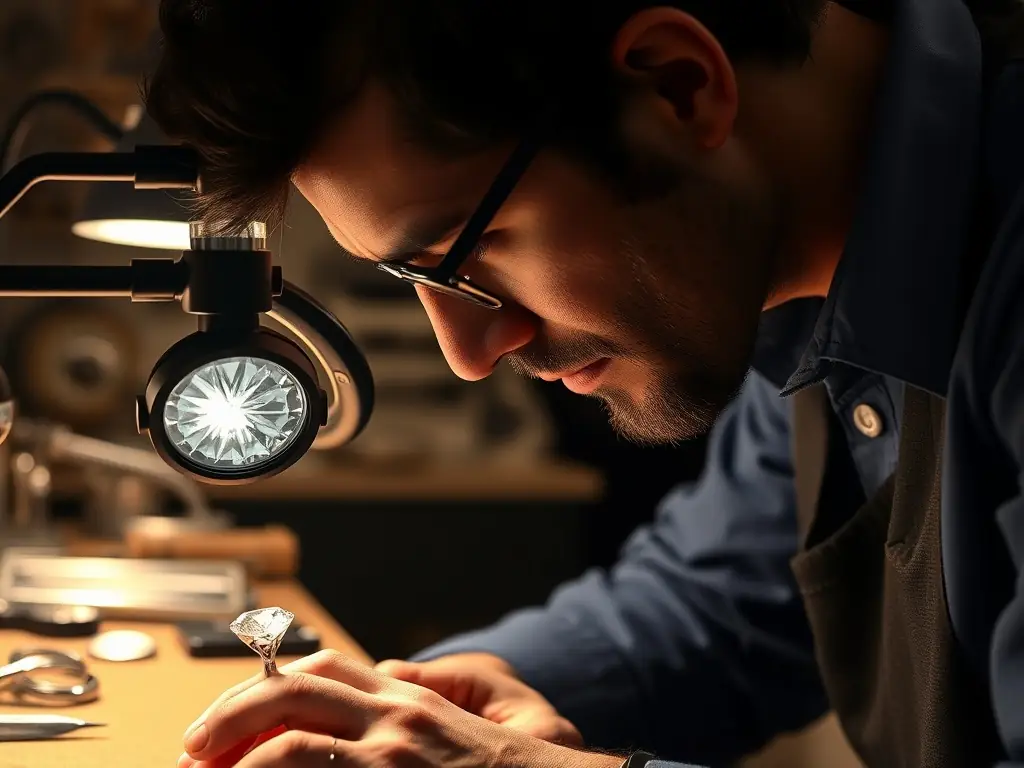 A professional gemologist in a white lab coat carefully examining a diamond with a high-powered microscope in a modern, well-lit laboratory. The focus is on the gemologist's expertise and the advanced technology used.