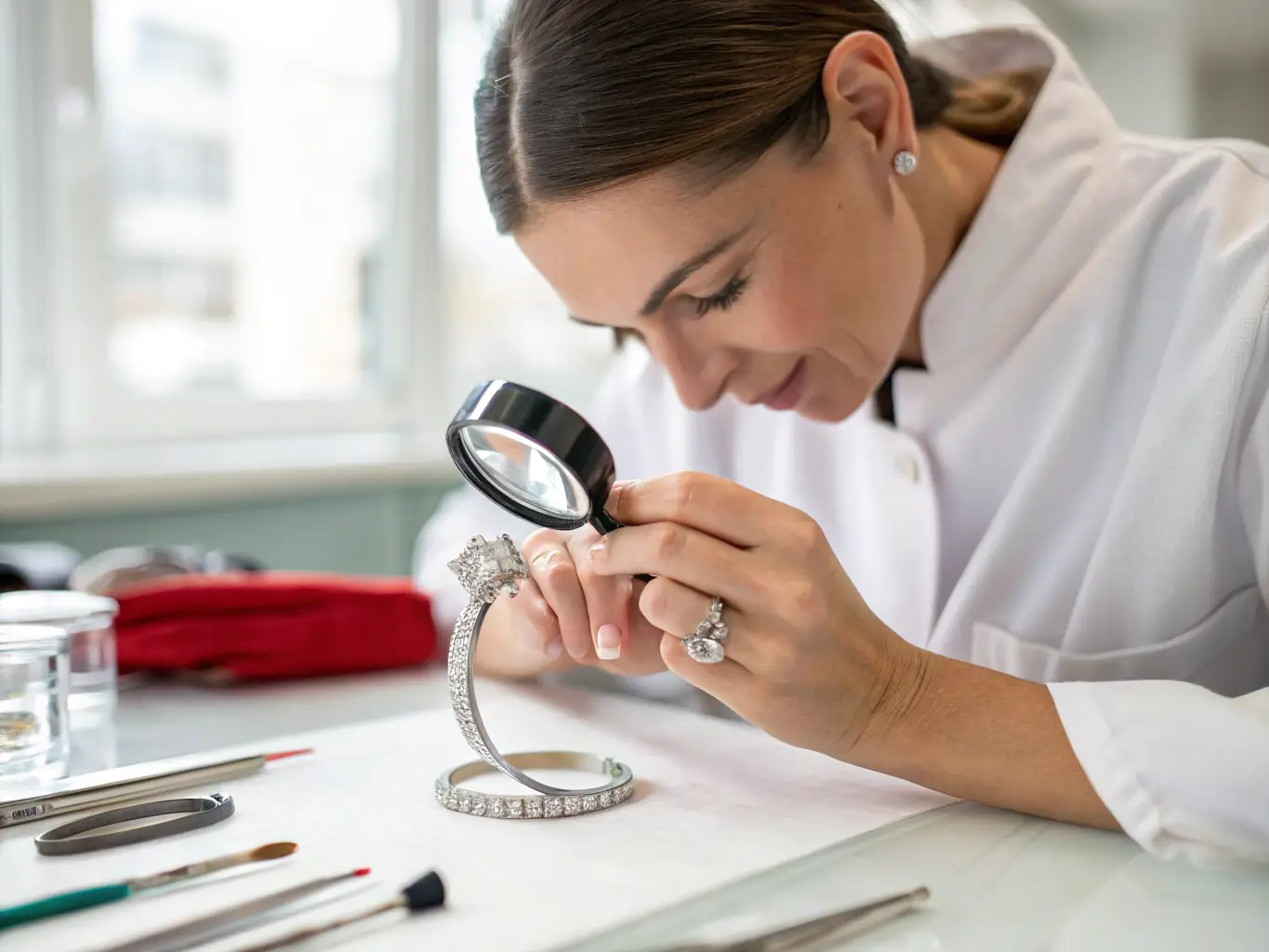 A gemologist using a microscope to examine a diamond's inclusions, set in a modern gemological laboratory.