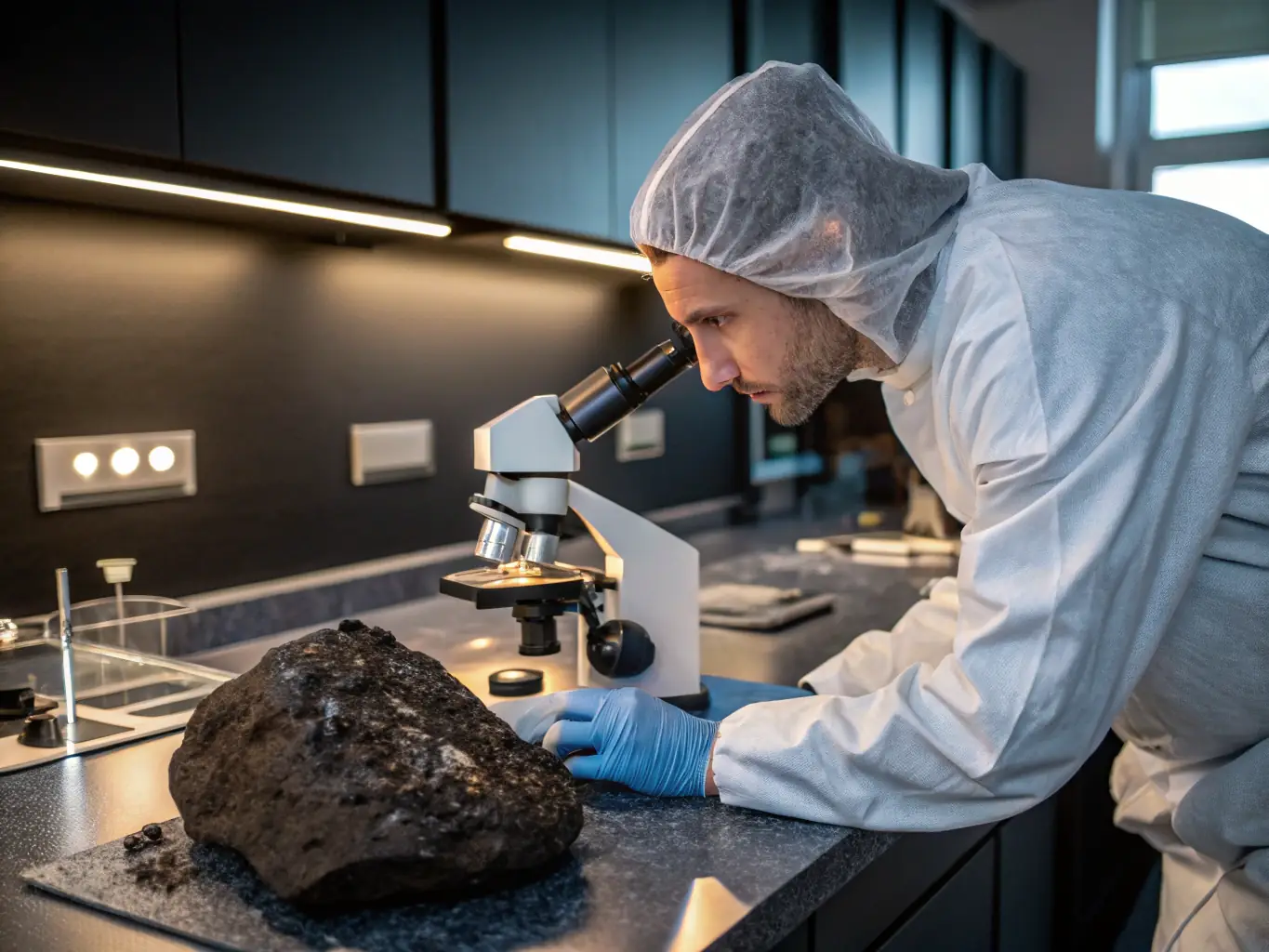 A technician using a spectrophotometer to analyze the color properties of a gemstone in a controlled laboratory environment.