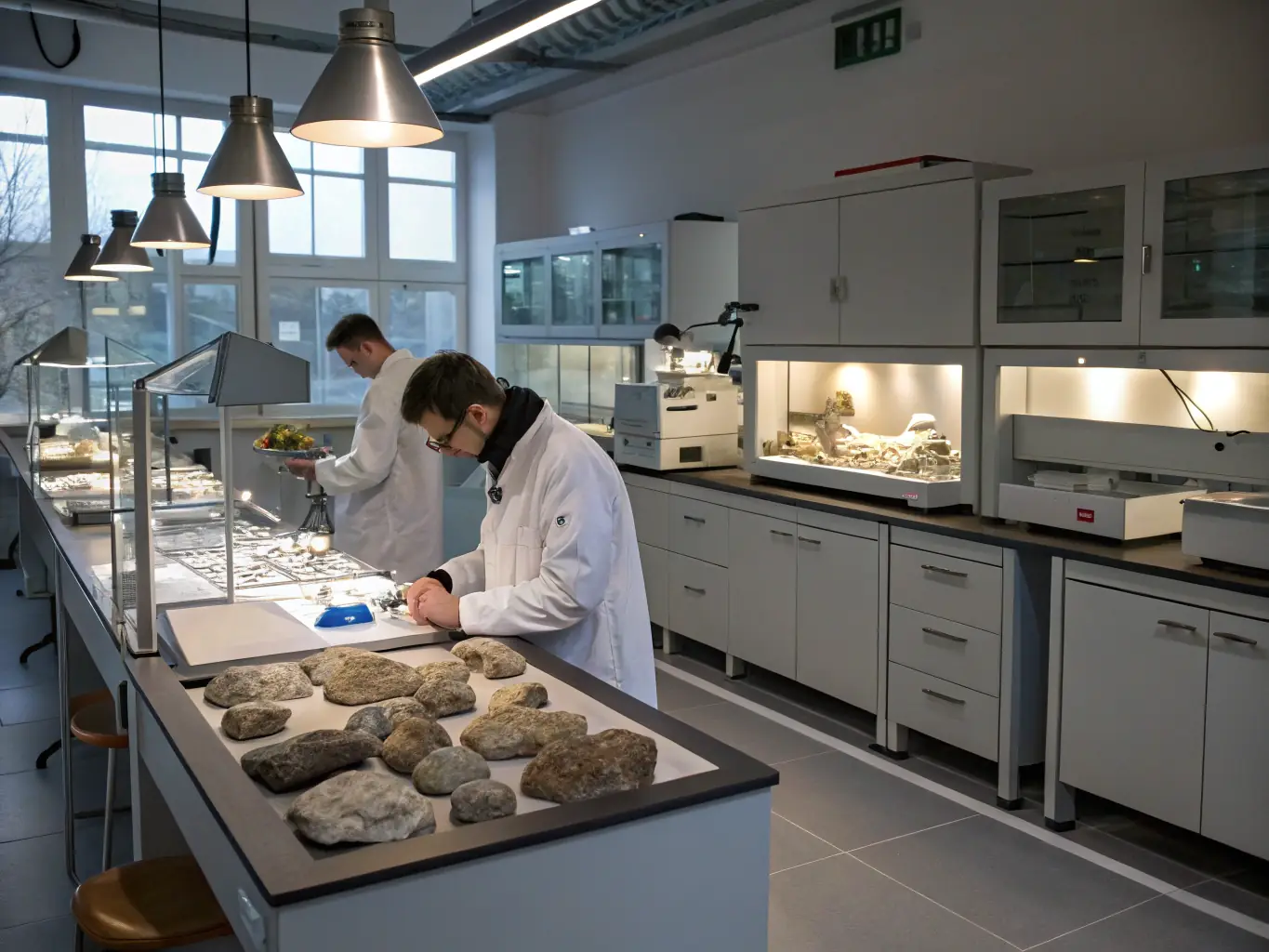 A gemologist using X-ray fluorescence (XRF) equipment to determine the elemental composition of a gemstone.